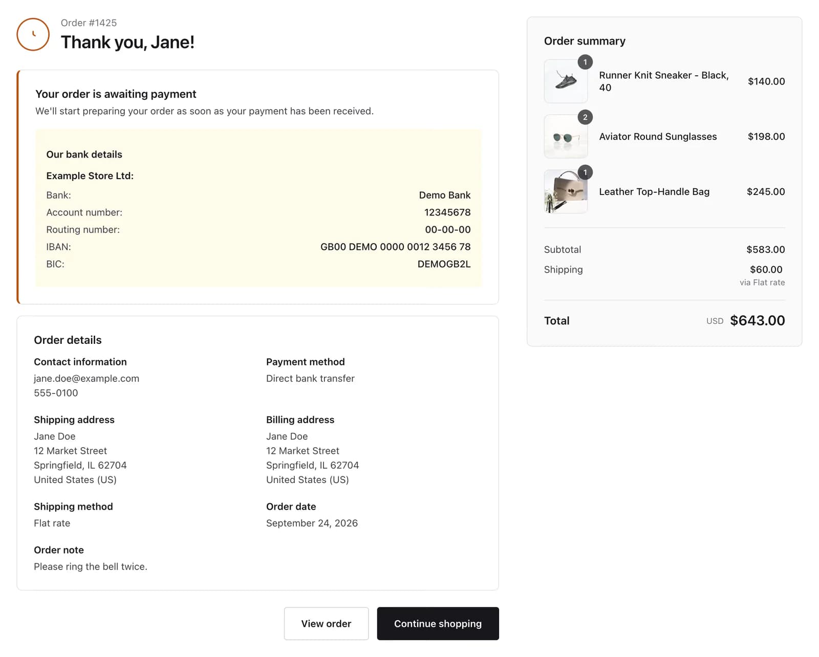 The Thank You Page widget for an order that is awaiting payment, with the bank transfer instructions