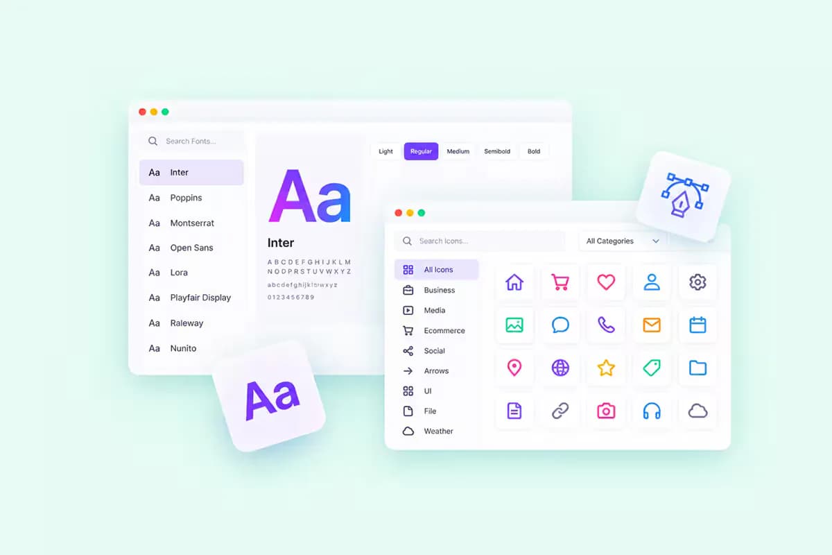 Custom fonts panel showing an Aa type specimen with WOFF2 and WOFF format badges beside an imported icon library from IcoMoon, Remix Icon and IcoFont