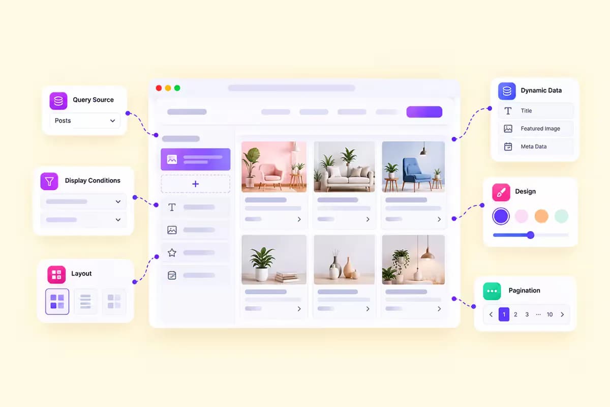 Dynamic loop builder taking one designed loop item template and repeating it across a dynamic grid and dynamic carousel of posts