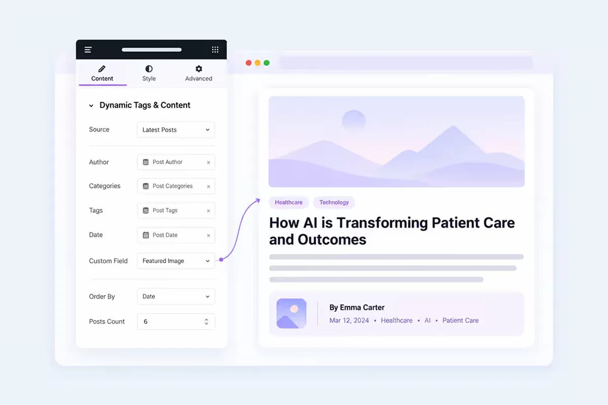 Dynamic tags connecting ACF fields, custom post types and user data to Elementor widgets using post title, featured image and ACF field tokens