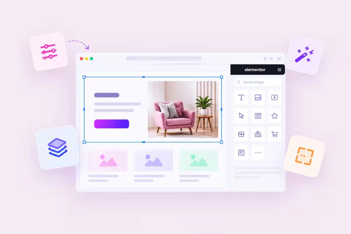 Elementor extend features showing layered liquid glass panels with particles, next to parallax, particles, sticky and custom CSS extension cards