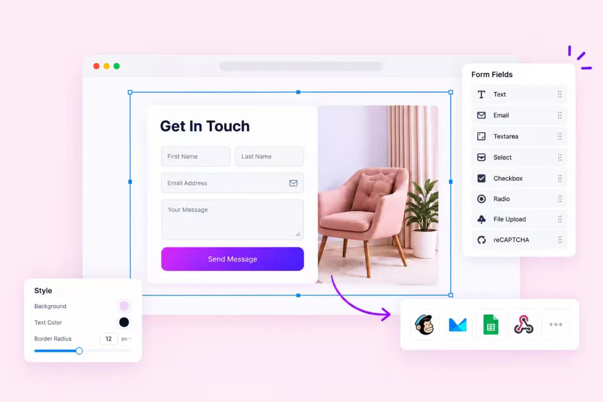Elementor form builder with name and email fields and a submit button, connected to a webhook endpoint card and a WPForms card