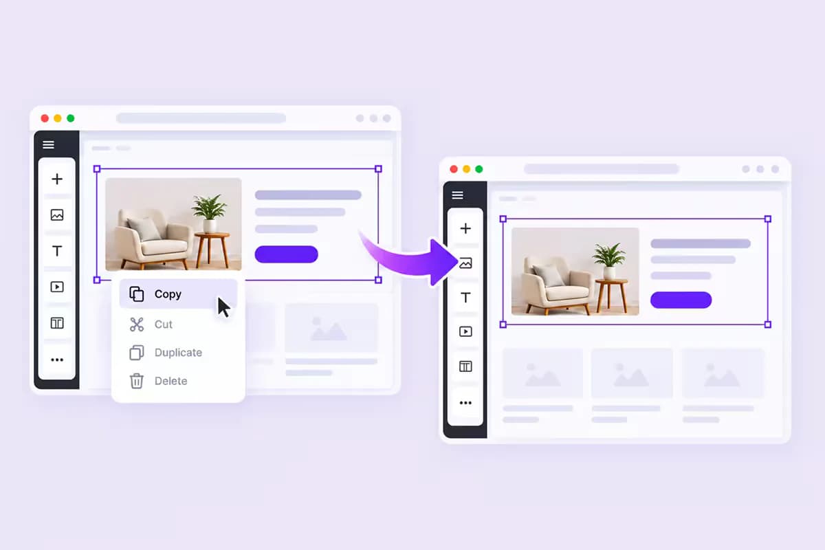 Live Copy Paste copying a highlighted Elementor section from site-a.com and pasting it into site-b.com across two browser windows