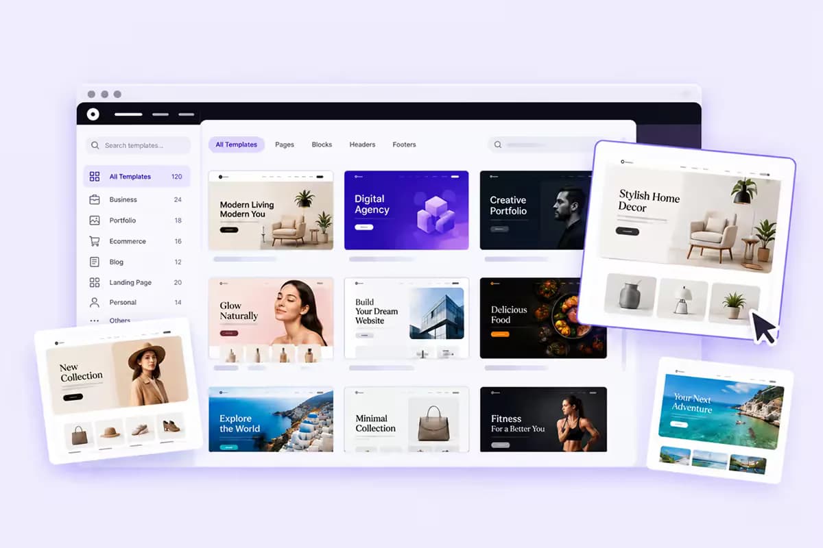 Atomic Addons template library grid of ready-made Elementor page and section designs with a one-click import button