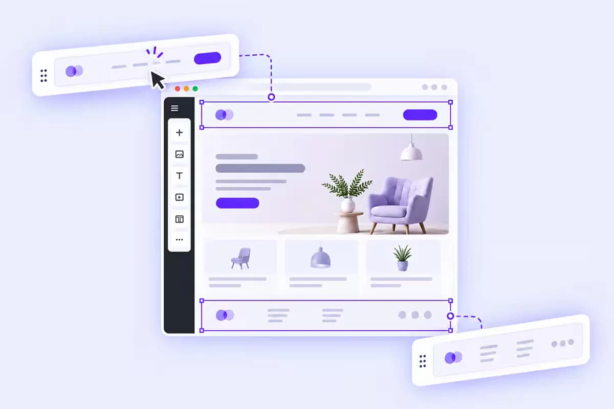 Elementor Theme Builder wireframe with highlighted header and footer templates plus cards for Product Single, Product Archive, Category and custom post type templates
