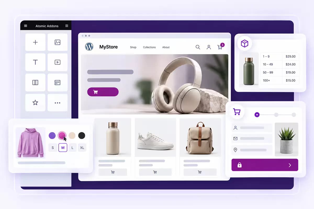 Atomic Addons WooCommerce extensions panel showing Subscriptions, Role Based Pricing and One Page Checkout alongside a sales notification popup and variation swatches