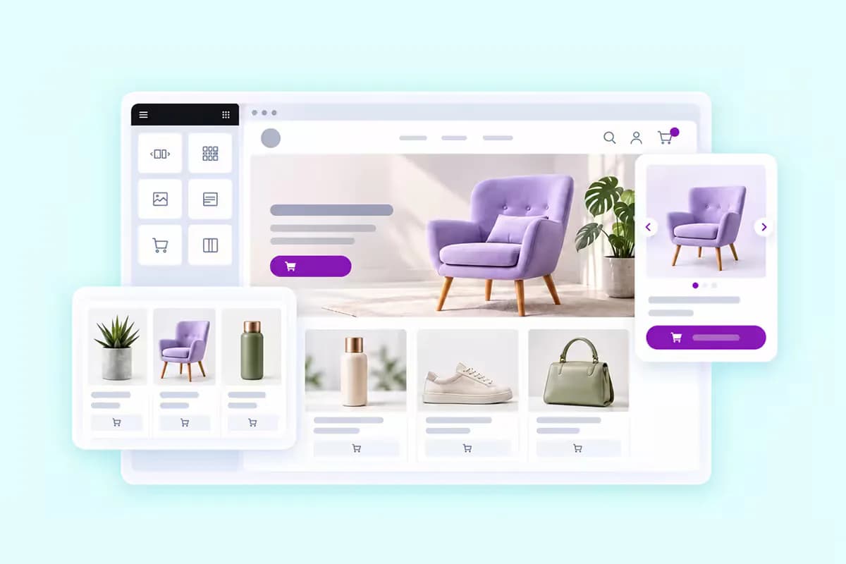 WooCommerce Elementor widgets showing a product grid with an add to cart button, a mini cart with item count, and checkout and my account template cards