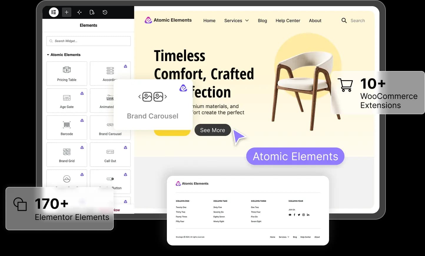 The Atomic Addons widget panel open inside the Elementor editor while designing a WooCommerce furniture store page, with badges for 170+ Elementor elements and 10+ WooCommerce extensions