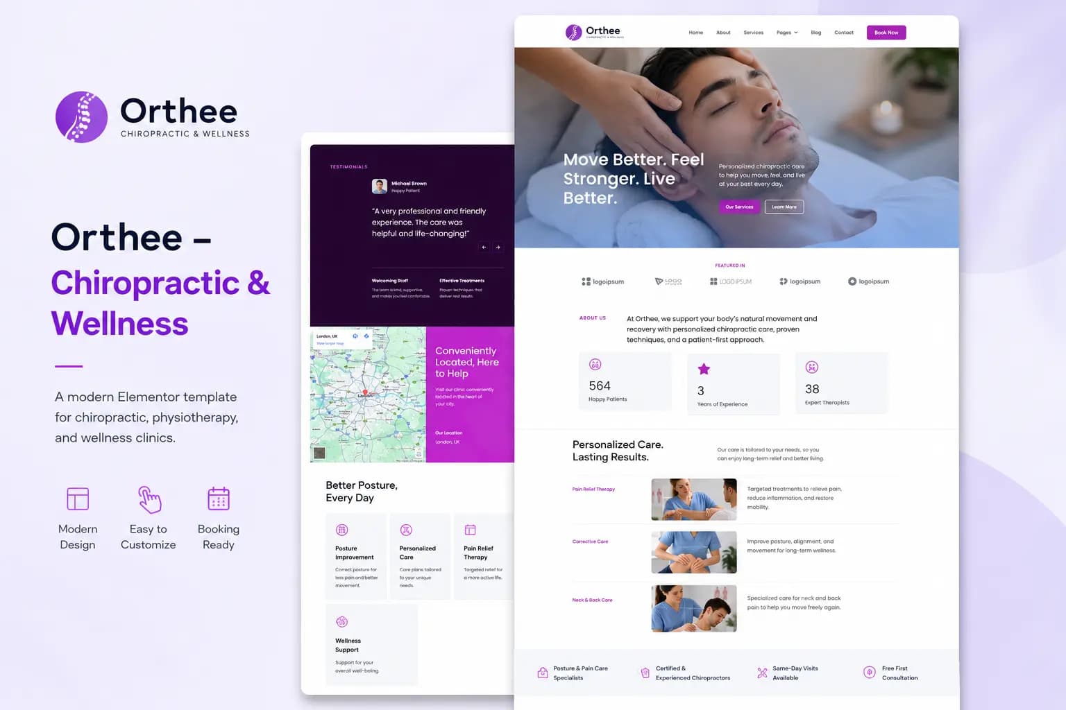 Orthee chiropractic and wellness Elementor template homepage preview