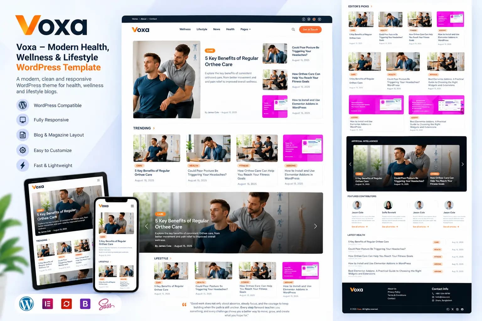Voxa health and wellness blog magazine Elementor template preview