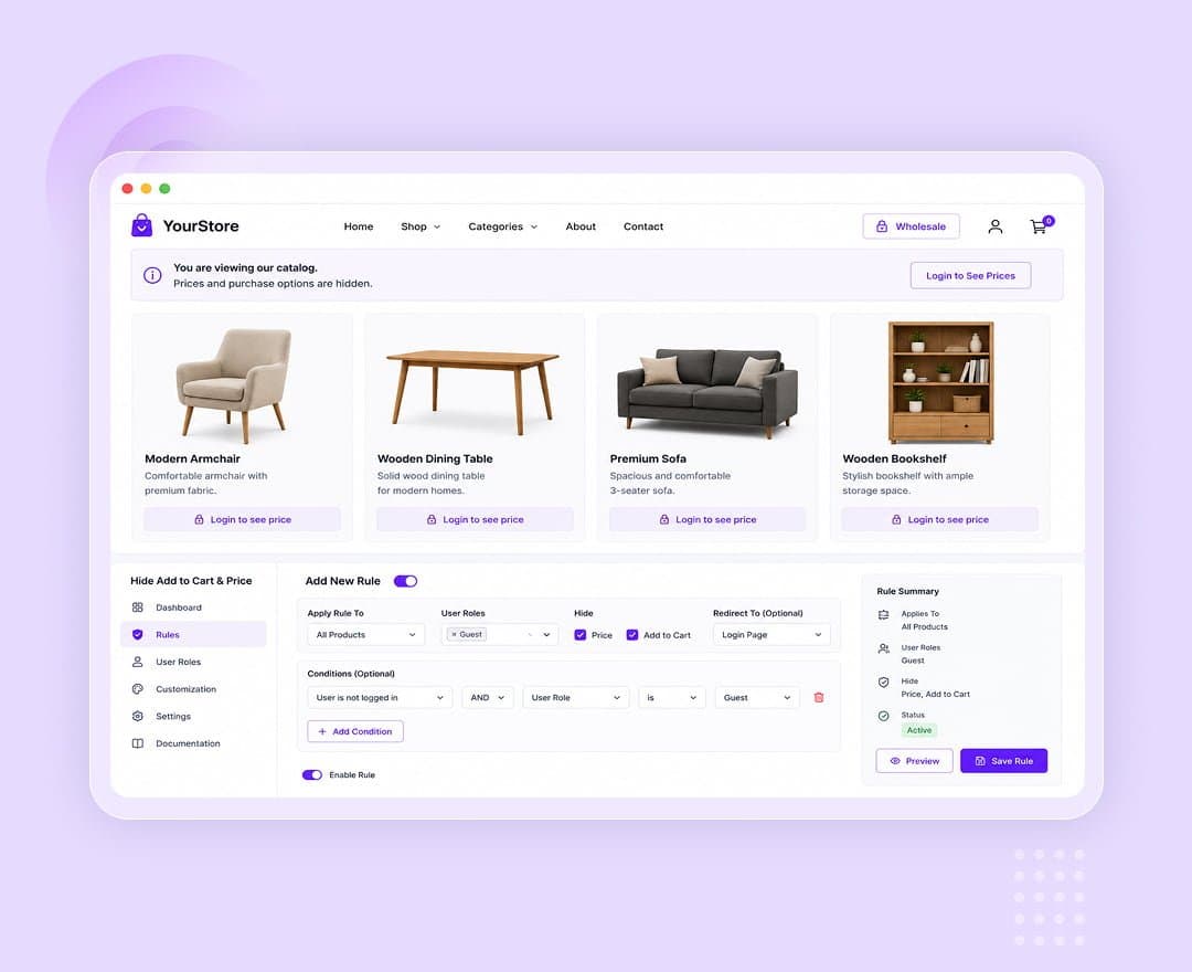Catalog mode settings hiding prices and add to cart buttons