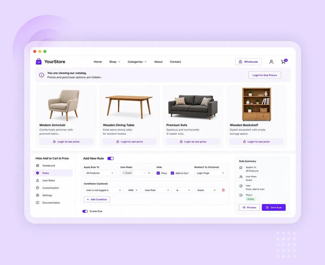 Catalog mode settings hiding prices and add to cart buttons
