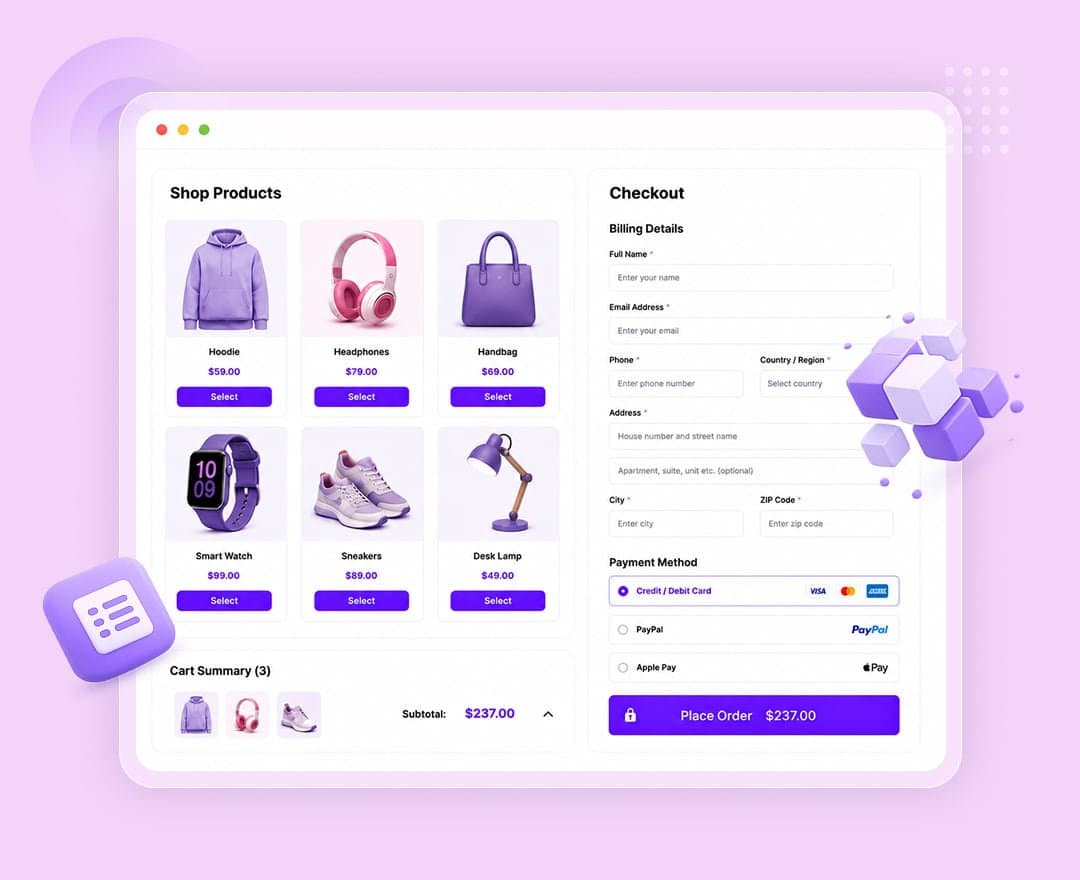 One page checkout combining product selection and payment on a single screen