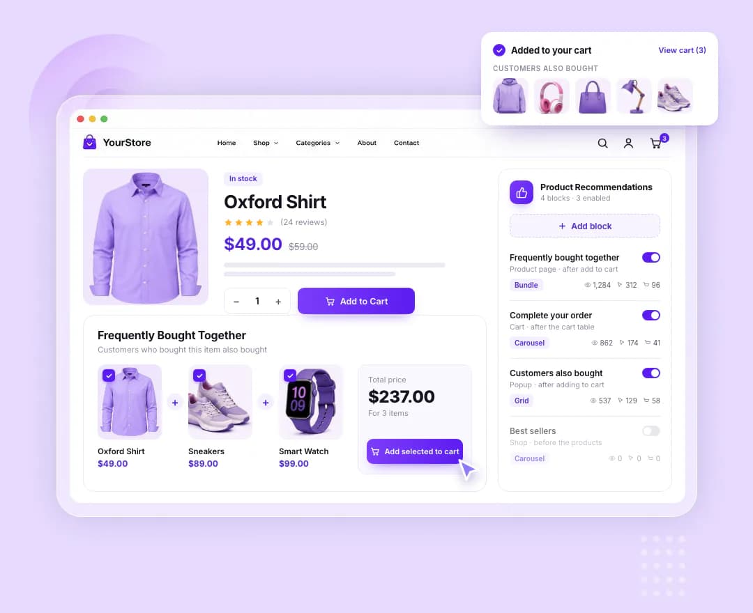 Frequently bought together bundle on a WooCommerce product page, with a list of recommendation blocks and an added-to-cart popup suggesting more products