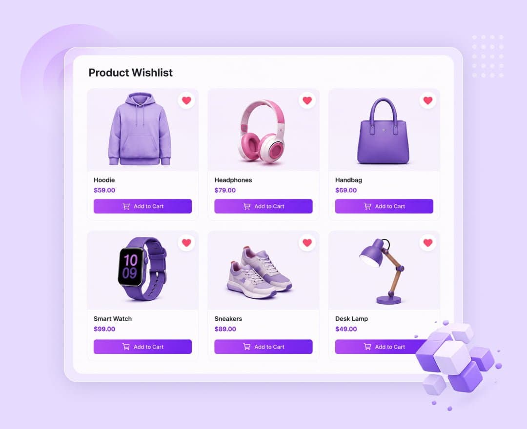 Wishlist grid of saved WooCommerce products with add to cart buttons