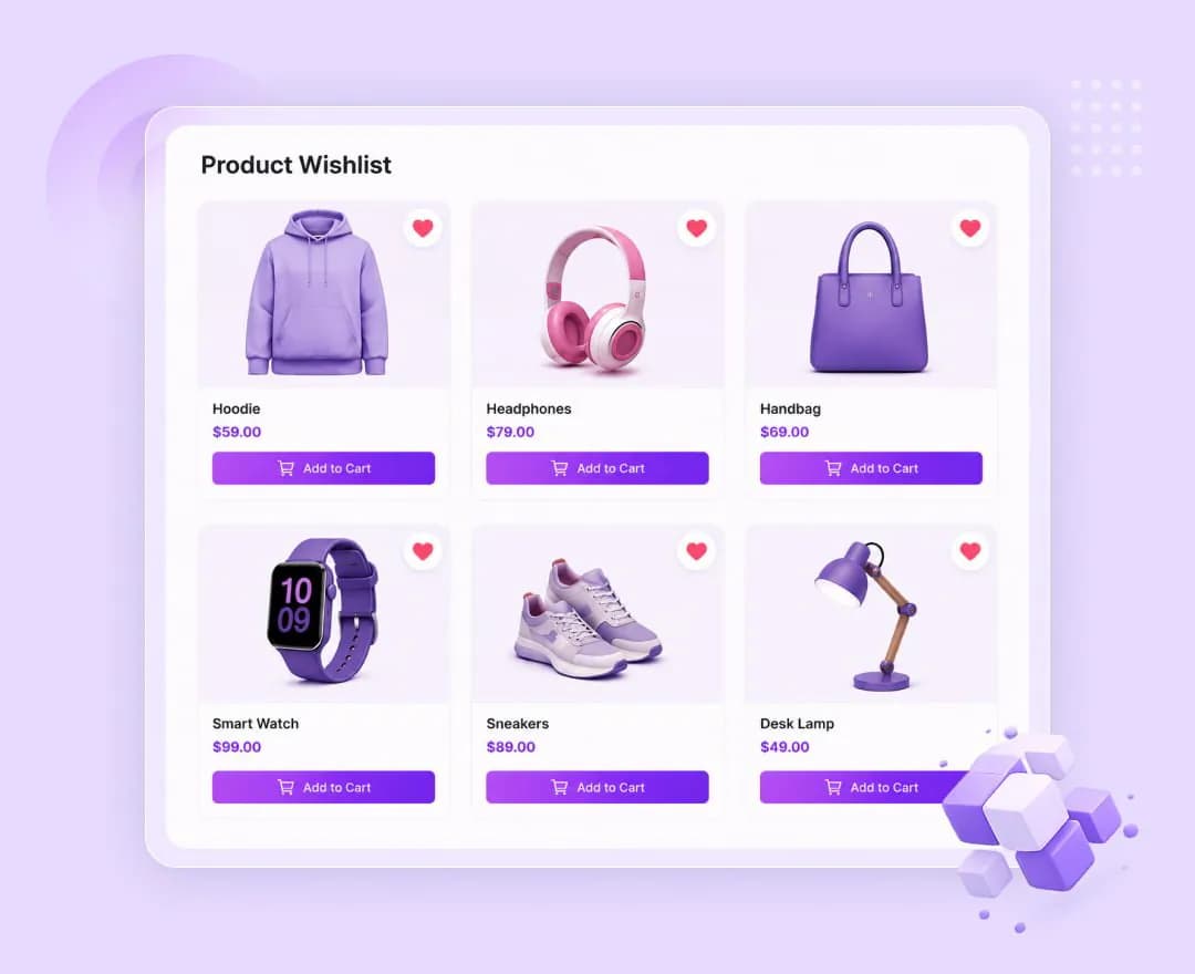 Wishlist grid of saved WooCommerce products with add to cart buttons