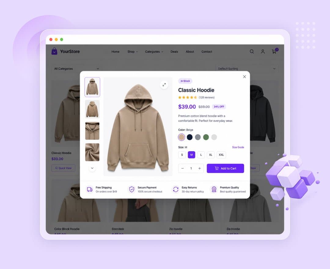 Quick view modal previewing a product without leaving the shop page